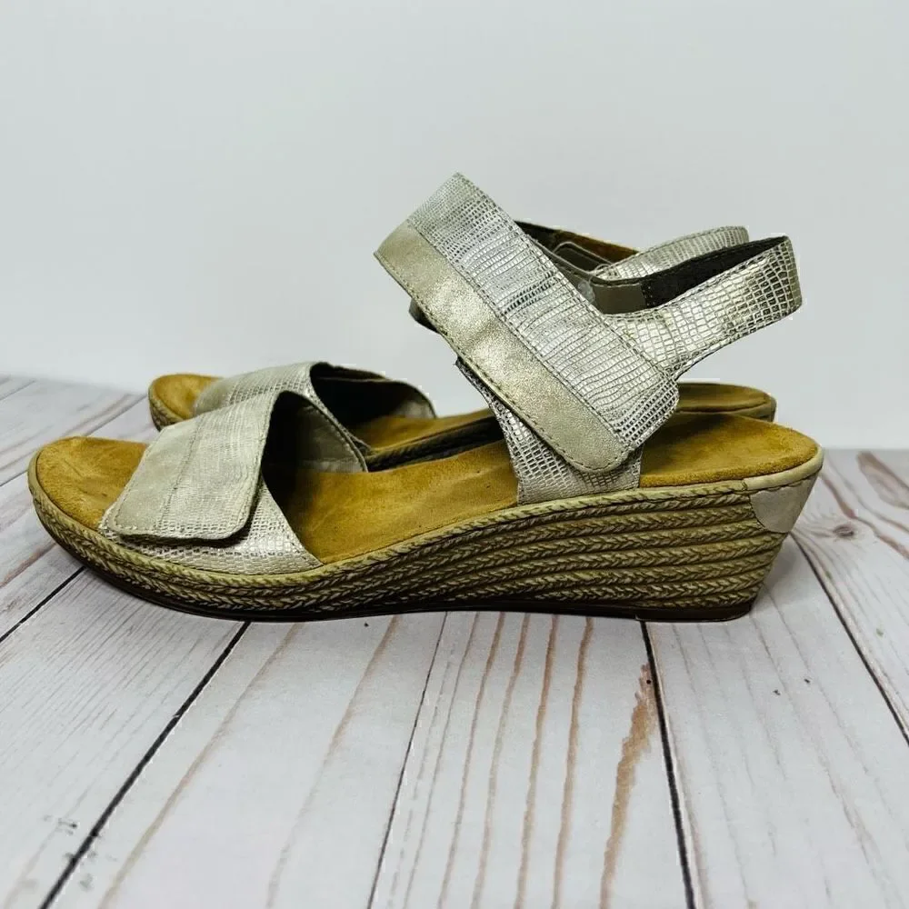 Rieker Women's Fanni Light Gold Metallic Sling Back Mid Height Wedge Sandals Siz